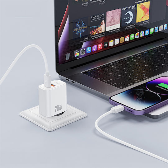 XO Зарядно Устройство GaN с USB-A Порт и USB-C Порт и Кабел USB-C - USB-C 20W Quick Charge 2.0 / Quick Charge 3.0 / Quick Charge 4.0 Бял (CE40)