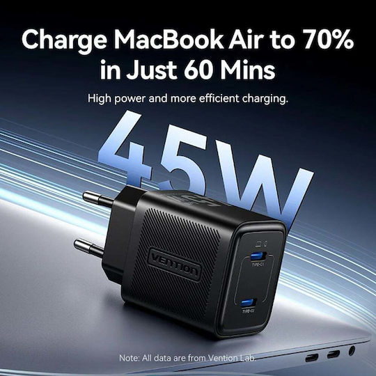 Vention GaN Charger With 2 USB-C Ports And USB-C - USB-C Cable 30W Power Delivery Gray