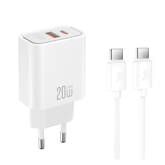 XO Зарядно Устройство GaN с USB-A Порт и USB-C Порт и Кабел USB-C - USB-C 20W Quick Charge 2.0 / Quick Charge 3.0 / Quick Charge 4.0 Бял (CE40)