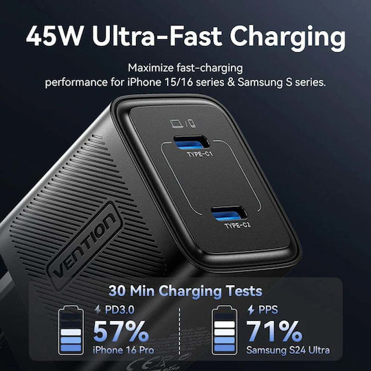 Vention GaN Charger With 2 USB-C Ports And USB-C - USB-C Cable 30W Power Delivery Gray