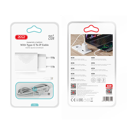 XO Charger with USB-C Port and Cable Lightning 20W Power Delivery Whites (L160)