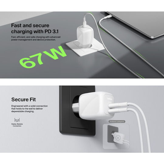 Belkin Charger Without Cable GaN with 2 USB-C Ports 67W Power Delivery Whites (BoostCharge Pro)