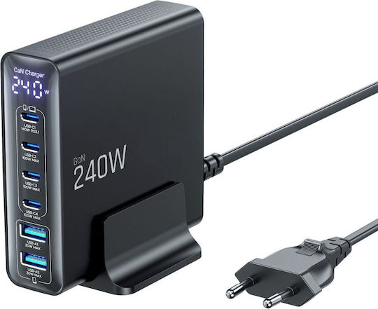 Tech-Protect GaN Handyladegerät mit 2 USB-A Ausgangsanschlüsse und 4 USB-C Ausgangsanschlüsse 240W Stromlieferung / Schnellladetechnologie 3.0 in Schwarz Farbe (DC240W-GAN)