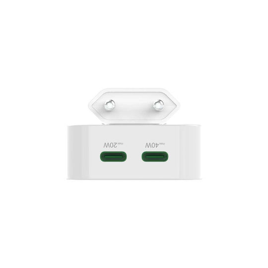 HAMA Зарядно Устройство Без Кабел GaN С 2 USB-C Изходни Порта 40W Power Delivery / Quick Charge 3.0 Бяло (00201955)