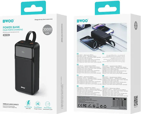 BWOO BO-P66 Power Bank 30000mAh 65W with 2 USB-A Ports and 2 USB-C Ports Power Delivery Black