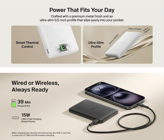 Belkin BoostCharge Slim Magnetic MagSafe Power Bank 5000mAh με Θύρα USB-C Λευκό