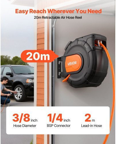 Vevor Retractable Air Hose Reel 20m X 9.5mm Pvc Air Hose Max 300psi Enclosed Air-compressor Hoses Reel Auto Rewind 2m Lead In 180° Swivel Ceiling Wall Mount Garages Workshops