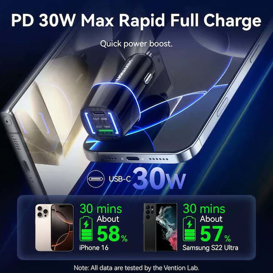 Vention Car Charger 48W with Ports: 1xUSB 1xType-C