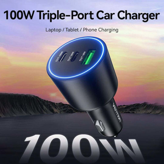 Vention Auto-Ladegerät 100W mit Anschlüssen: 1xUSB 2xType-C