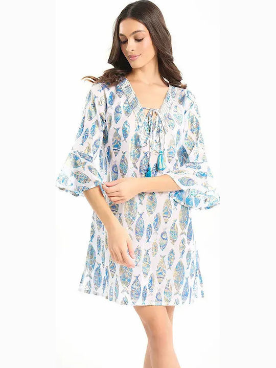 Ble Resort Collection Καφτάνι Παραλίας Λευκο/μπλε/χρυσο Ble Resort Collection Καφτάνι Παραλίας Λευκο/μπλε/χρυσο