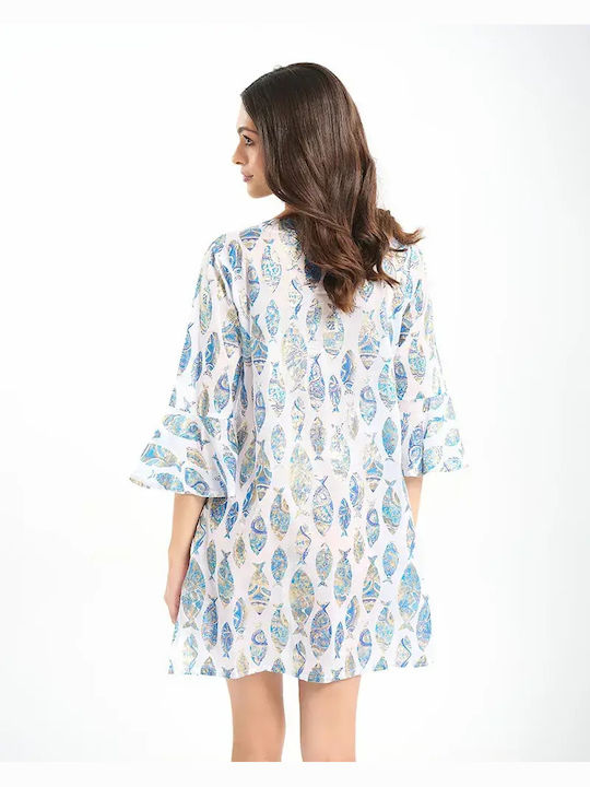 Ble Resort Collection Γυναικείο Καφτάνι Παραλίας Λευκο/μπλε/χρυσο