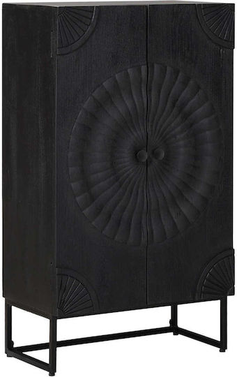 Highboard Living Room Display Cabinet Made of Wood & Metal with Windowed Black 55x30x95cm