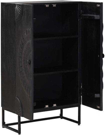 Highboard Living Room Display Cabinet Made of Wood & Metal with Windowed Black 55x30x95cm