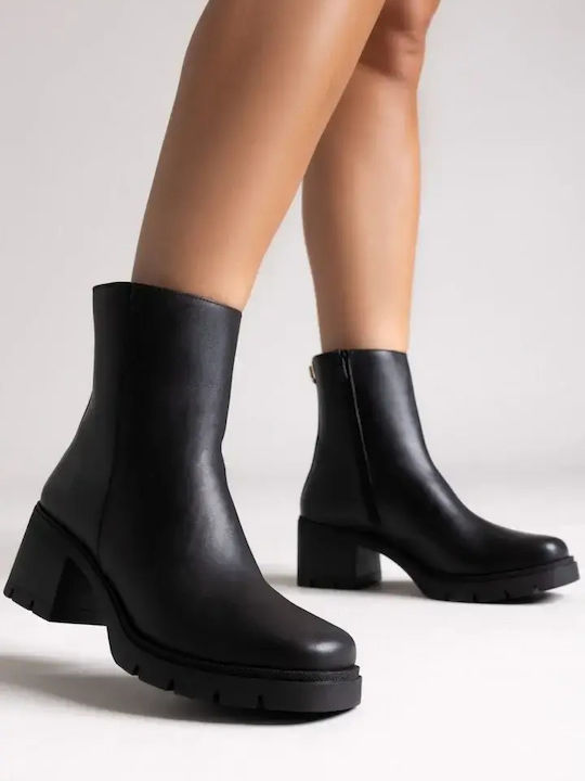Leder Damen Stiefeletten mit Mittelhohem Absatz Schwarz