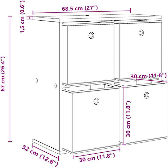 Sertar De Depozitare Din Lemn Cu 4 Sertare L68.5xL32xÎ67cm