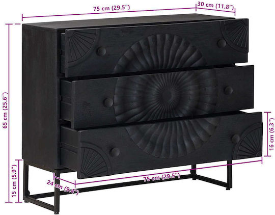 Sideboard Schrank Aus Holz mit Schubladen Schwarz 75x30x65cm