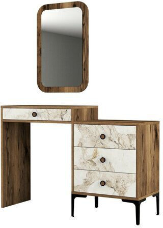 Schminktisch Kailua 305 aus Holz & Metall White Marble, Walnut mit Spiegel 124x40x73cm Schminktisch Kailua 305 aus Holz & Metall White Marble, Walnut mit Spiegel 124x40x73cm