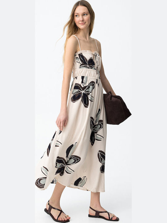 Summer Maxi Dress with Ruffles Beige with Blue Floral Pattern