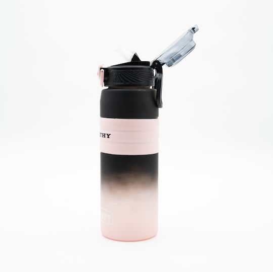 Happy Sticlă de Apă 800ml Ombre Negru-Roz Mâner Antiderapant din Silicon Pai și Dozator