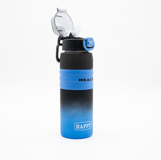 Happy Sticlă de Apă 800ml Ombre Negru-Albastru Mâner Antiderapant din Silicon Pai și Dozator