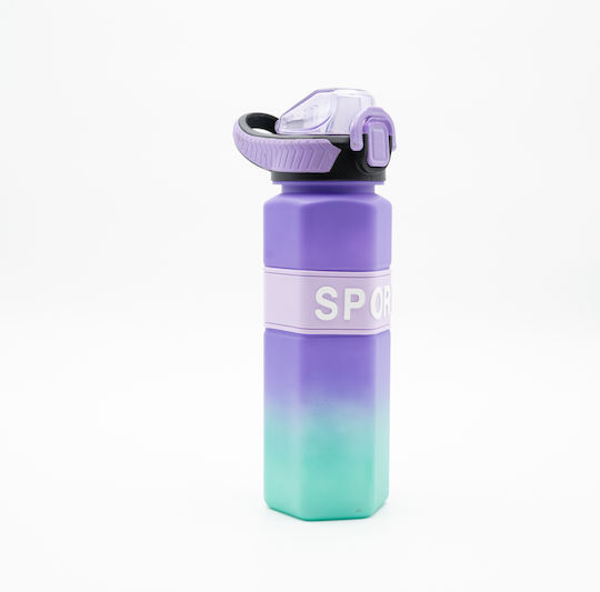 Sports Бутилка За Вода 750ml Ombre Аква-Лилава Шестоъгълен Дизайн Силиконова Сламка и Дръжка За Носене