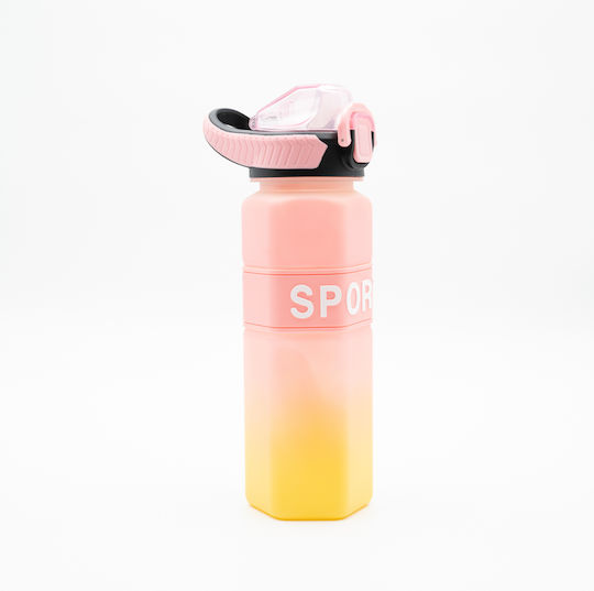 Sports Бутилка За Вода 750ml Ombre Жълто-розова Шестоъгълен Дизайн Силиконова Сламка и Дръжка За Носене