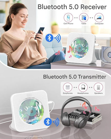 Premium Player Cd Portabil Greadio Bluetooth 5.0 Bidirecțional Boxe Stereo Hifi Telecomandă Ecran Led Radio Fm Cd Mp3 Usb Aux Suport Jack Căști Design Elegant Rezistent la Praful Funcție Temporizator de Somn Alb