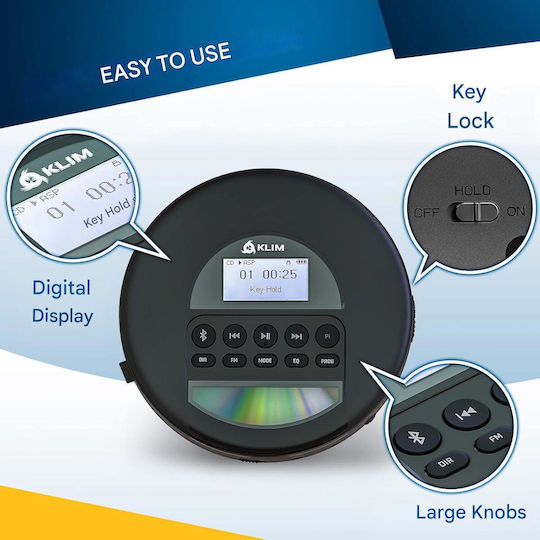 Klim Nomad Cd Player Portabil Discman Bluetooth Radio Fm Mp3 Cititor Tf Baterie Reîncărcabilă Inclusă Căști Compatibil Cd-r/cd-rw Aux Auto Negru