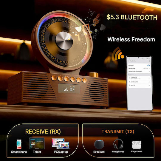Roadom Cd Player Portabil Bluetooth 5.3 Difuzoare Duale Hi-fi Baterie 4000 Mah 6 În 1 Cd Usb Tf Fm Aux Lumină Rgb Telecomandă Design Vintage Retro Lemn Maro