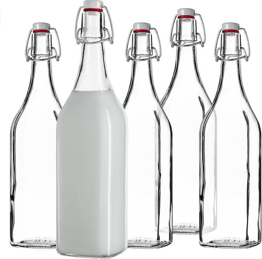 Kadax Μπουκάλι Νερού Γυάλινο με Κλιπ Διάφανο 1000ml 5 Τεμάχια