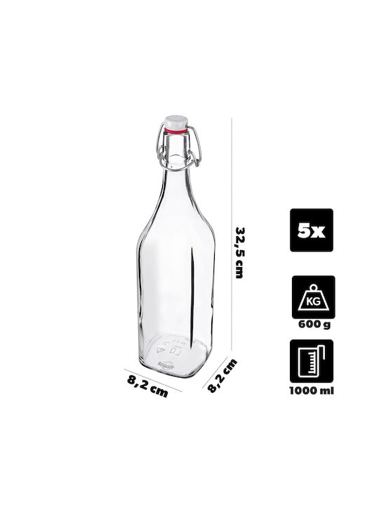Kadax Μπουκάλι Νερού Γυάλινο με Κλιπ Διάφανο 1000ml 5 Τεμάχια