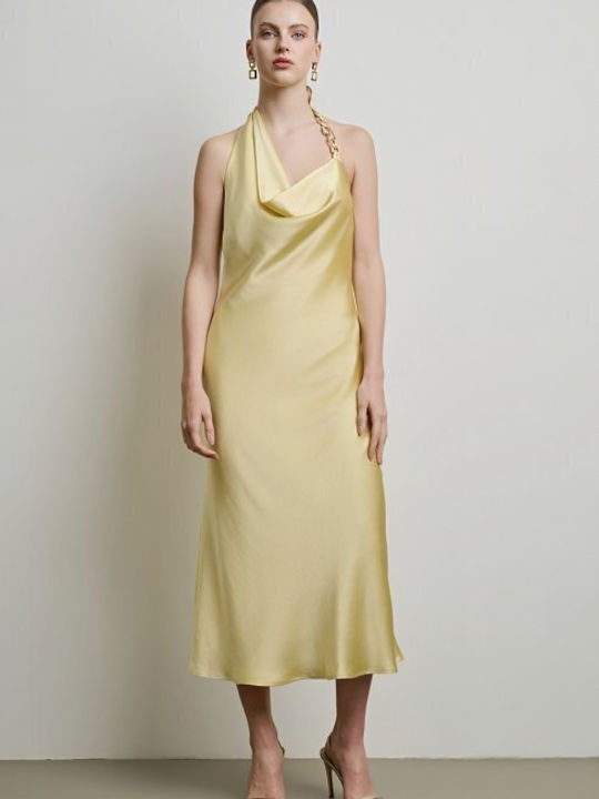 Summer Midi Evening Slip Dress Satin Open Back Yellow