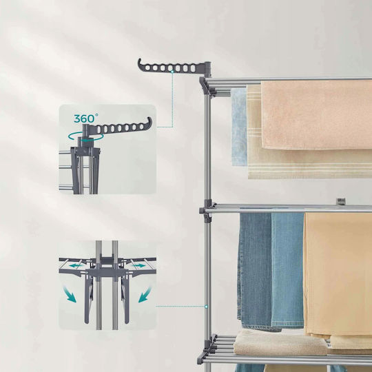 Folding Floor Metallic Clothes Drying Rack with Wheels with Hanging Length 24m