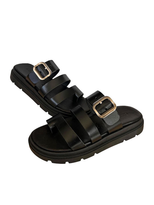 Leather Women's Flat Sandals Flatforms Black