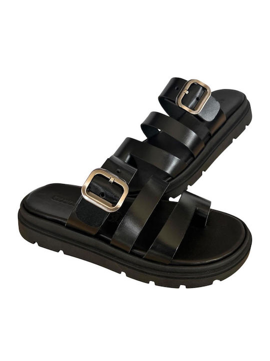 Leather Women's Flat Sandals Flatforms Black