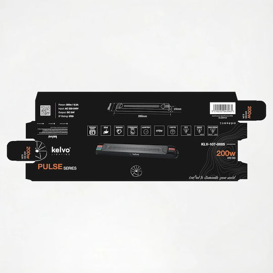 Kelvo Pulse Klv-107-0005 Ultra Slim Power Supply Transformer Class I Pelv 200W 8.3A AC 220-240V DC 24V IP20 Gray Anthracite Matte M28 x W2.6 x H2.4cm 5 Years Warranty