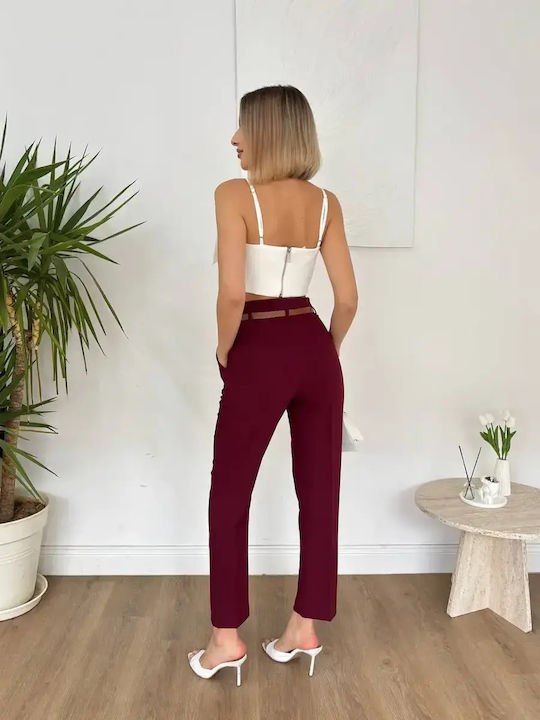Women's High Rise Fabric Trousers in Slim Fit Burgundy