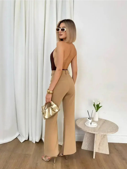 Women's High Rise Fabric Trousers Flared Slim Fit Beige
