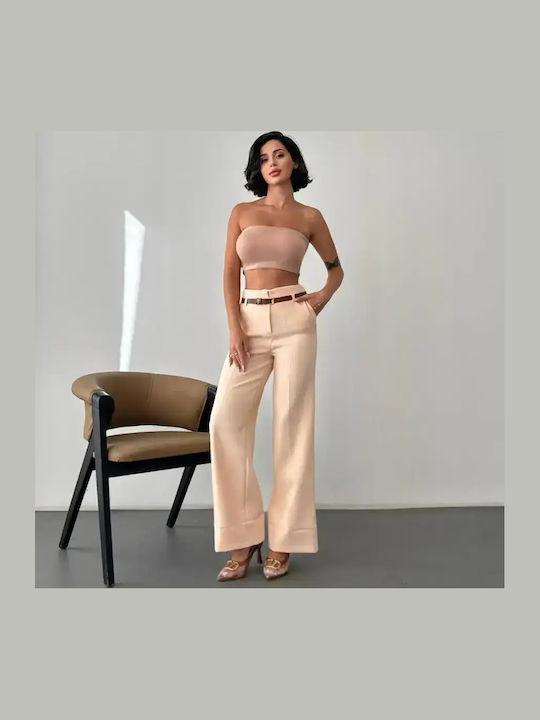 Women's High Rise Fabric Trousers in Slim Fit Beige