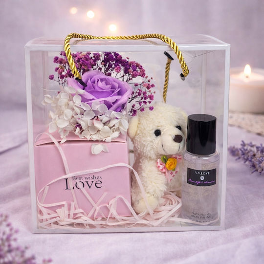 Set Cadou Crem Ursuleț Teddy Trandafir Mov Săpun Gypsophila Criogenată Shine Body Mist