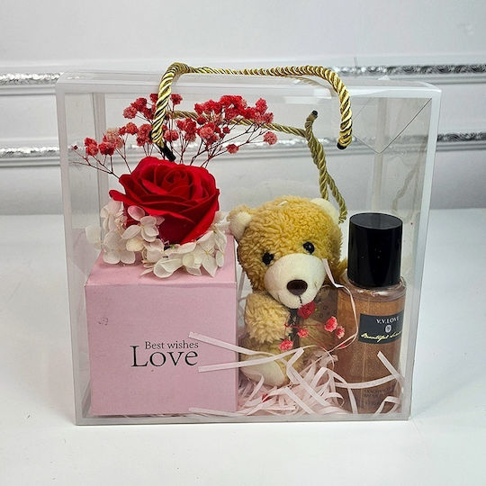 Velve Geschenkset Teddy Bär Rote Seife Rose Kryogene Gypsophila Glänzendes Body Mist