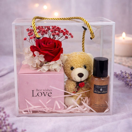 Velve Geschenkset Teddy Bär Rote Seife Rose Kryogene Gypsophila Glänzendes Body Mist