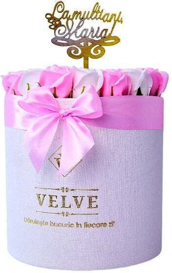 Aranjament Floral Radiance În Cutie Rotundă Albă 25 Trandafiri Săpun „La Mulți Ani Maria!” Decor Roz-Alb