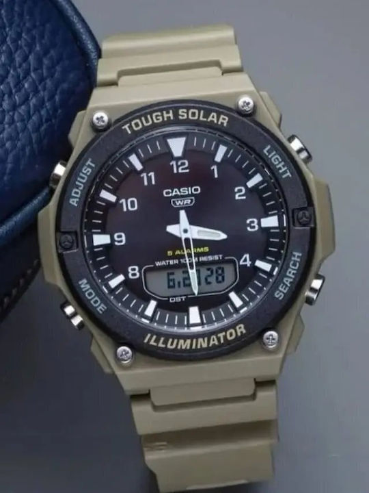Дигитален Мъжки Часовник 50mm Solar с Бежова Каучукова Каишка