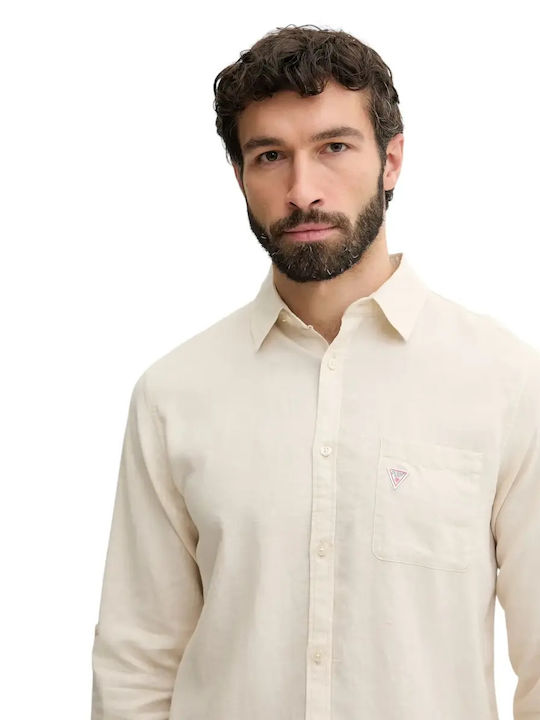 Langärmeliges Leinen-Herrenhemd in Normale Passform Beige