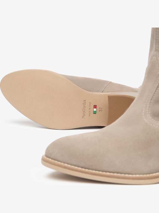Leder Damenstiefel mit Gummi Beige