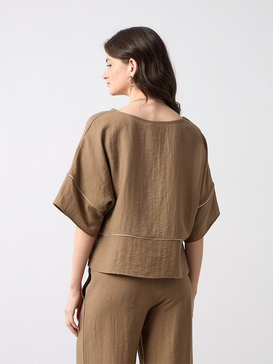 Women's Blouse with 3/4 Sleeve and Smile Neckline Olive