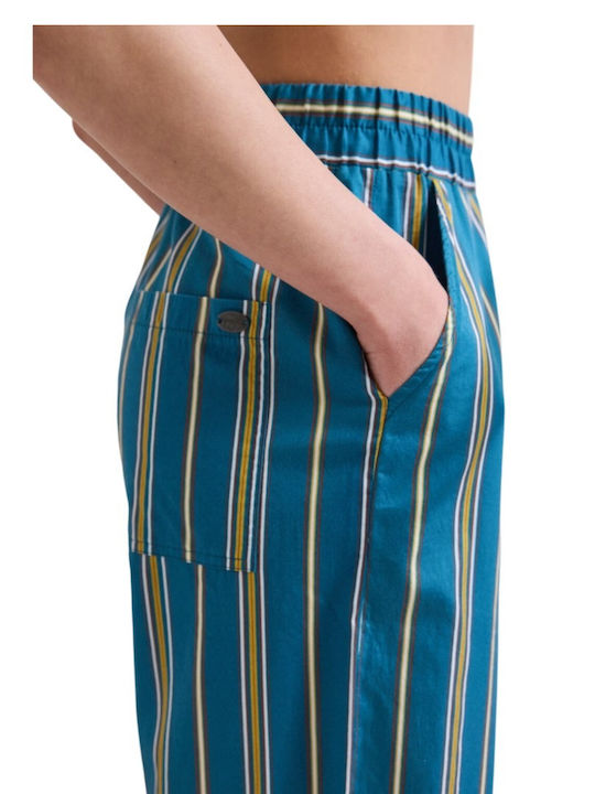 Women's Fabric Trousers with Rubber Band in Loose Fit Striped Petrol Blue