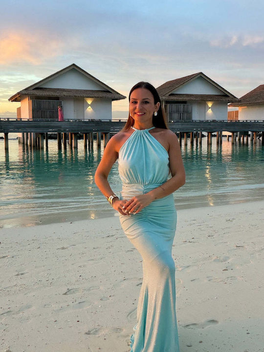 Summer Maxi Dress for Wedding - Christening Open Back Light Blue