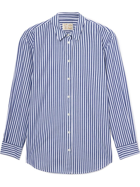 Brigitte Long Sleeve Women's Shirt White- Blue Striped